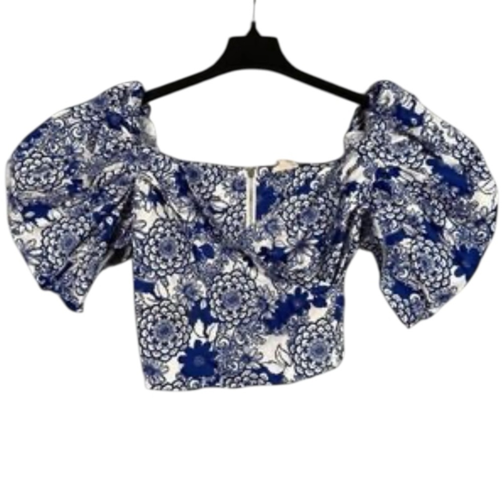 Tea & Top Floral Blue and White Puff Sleeve V-Neck Crop Top Size L